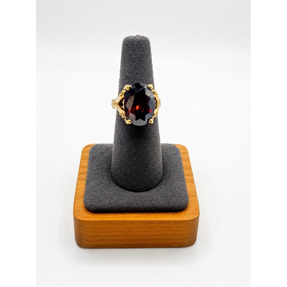 Gold Tone Red Statement Cocktail Ring Oval Stone Crystal Accents Size 7.5